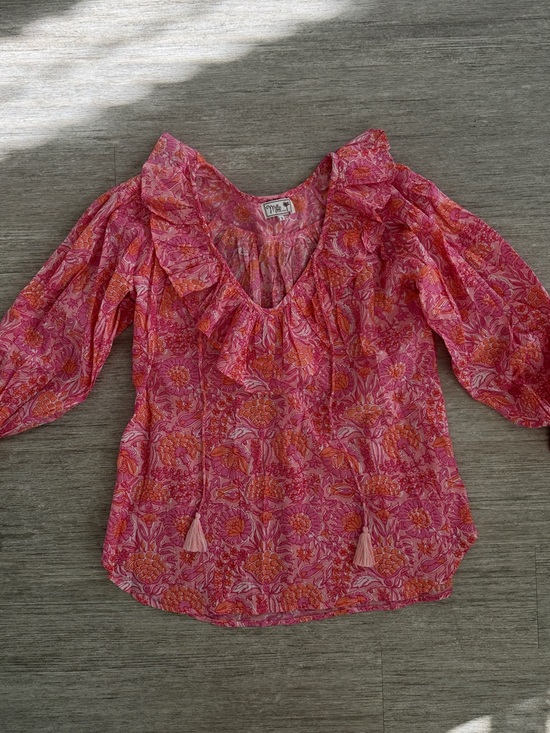 Millie Tops - Millie Pink & Orange Floral Ruffle Tie Blouse